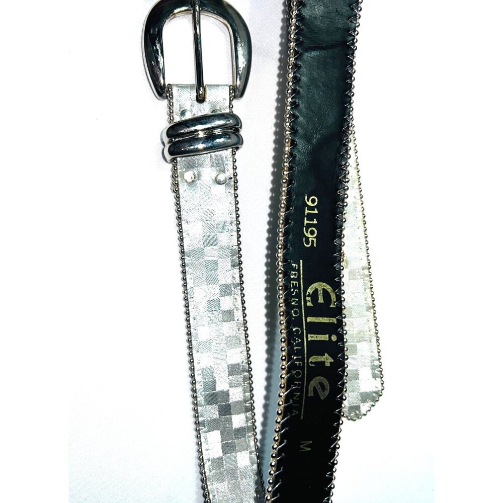 Silver & Black Elite Belt With Checkered Pattern & Beaded Edges